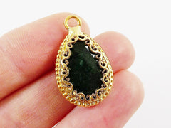 Deep Green Teardrop Jade Pendant  - Rustic Swirl Bezel - 22k Matte Gold plated Bezel - 1pc