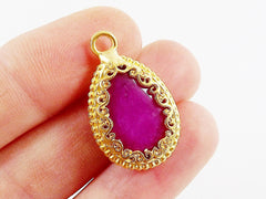 Violet Purple Teardrop Jade Pendant  - Rustic Swirl Bezel - 22k Matte Gold plated Bezel - 1pc