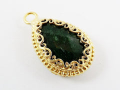 Deep Green Teardrop Jade Pendant  - Rustic Swirl Bezel - 22k Matte Gold plated Bezel - 1pc