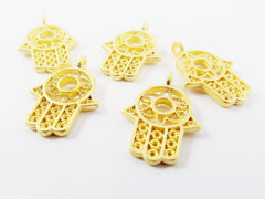 5 Small Filigree Hamsa Hand of Fatima Pendant Charms with Circle - 22k Matte Gold Plated