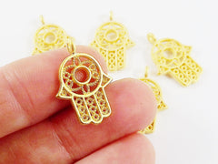 5 Small Filigree Hamsa Hand of Fatima Pendant Charms with Circle - 22k Matte Gold Plated