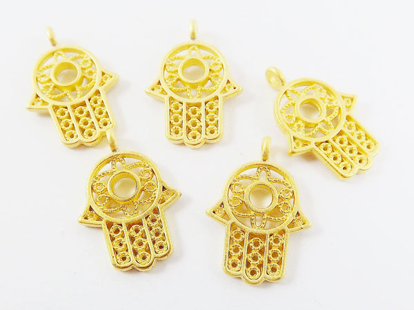 5 Small Filigree Hamsa Hand of Fatima Pendant Charms with Circle - 22k Matte Gold Plated