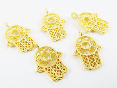 5 Small Filigree Hamsa Hand of Fatima Pendant Charms with Circle - 22k Matte Gold Plated