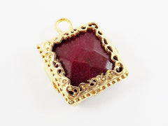 Deep Red Square Jade Pendant  - Rustic Swirl Bezel - 22k Matte Gold plated Bezel - 1pc