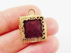 Deep Red Square Jade Pendant  - Rustic Swirl Bezel - 22k Matte Gold plated Bezel - 1pc