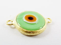 Pale Green Yellow Evil Eye Round Artisan Handmade Glass Connector - 22k Matte Gold Plated Bezel - 1pc