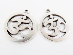 2 Large OM Symbol Charms - Matte Antique Silver Plated Brass - Yoga Aum