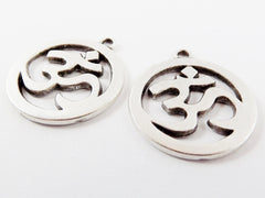 2 Large OM Symbol Charms - Matte Antique Silver Plated Brass - Yoga Aum