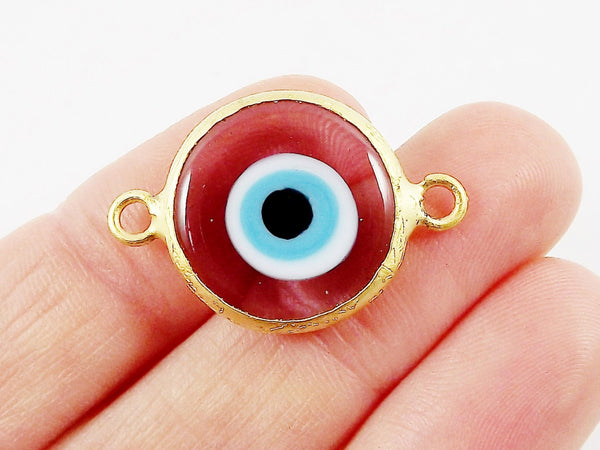 Translucent Mauve Evil Eye Round Artisan Handmade Glass Connector - 22k Matte Gold Plated Bezel - 1pc