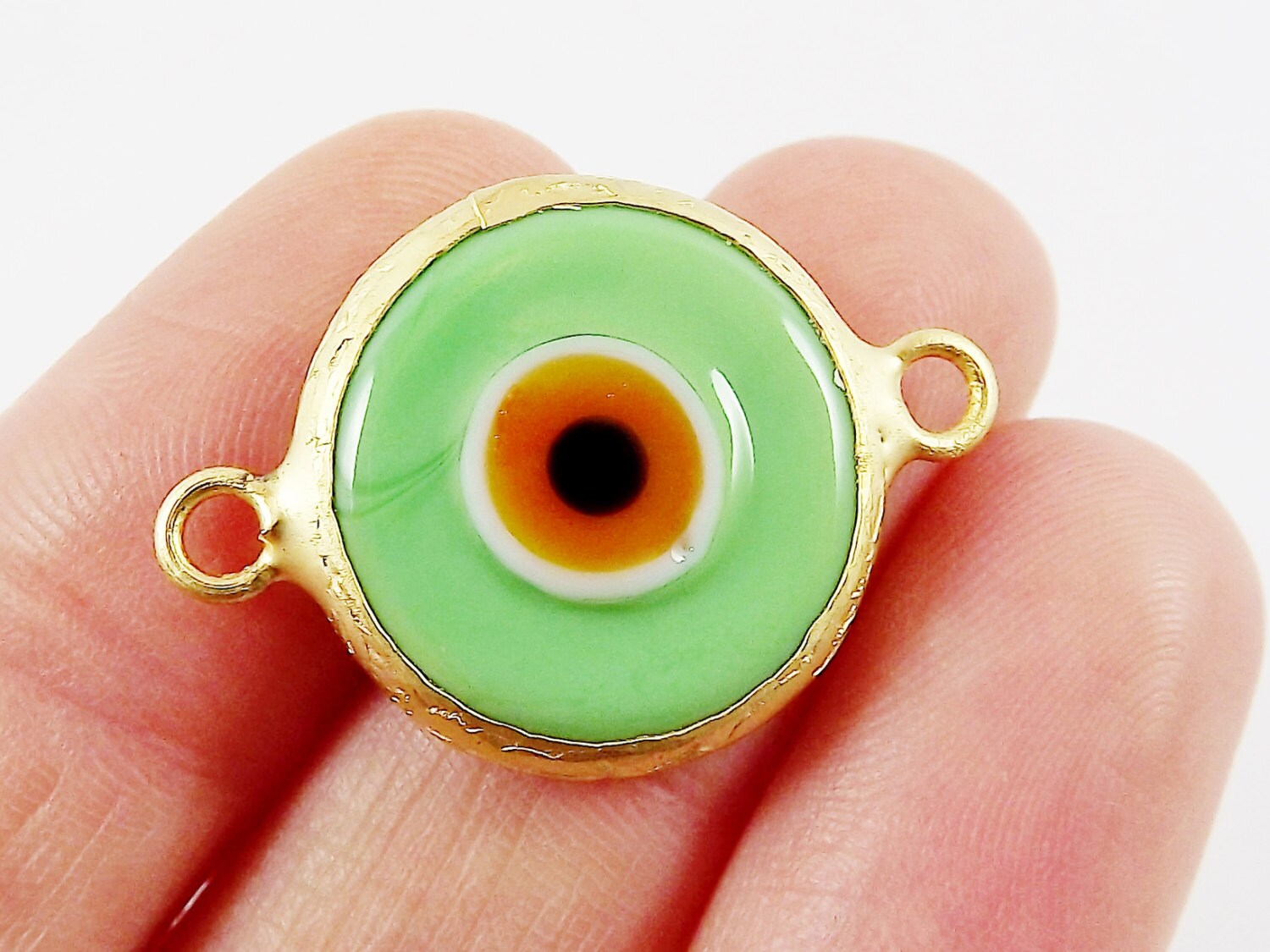 Pale Green Yellow Evil Eye Round Artisan Handmade Glass Connector - 22k Matte Gold Plated Bezel - 1pc