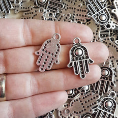 Hamsa Charms Hand of Fatima Dome Accent Ethnic Bracelet Charm Hamza Pendant Jewelry Making Supplies Findings Antique Matte Silver Plated 3pc