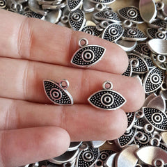 8 Curved Elipse Evil Eye Charms - Matte Antique Silver Plated Brass