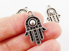 Hamsa Charms Hand of Fatima Dome Accent Ethnic Bracelet Charm Hamza Pendant Jewelry Making Supplies Findings Antique Matte Silver Plated 3pc