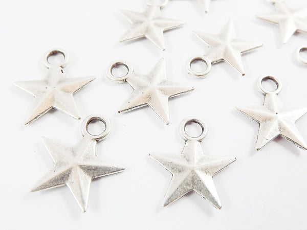 10 Silver Star Charms, Silver Stars, Small Star Pendants, Drop Charm, Bracelet Charms, Turkish Supplies, Matte Antique Silver Plated