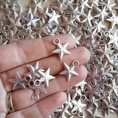 10 Silver Star Charms, Silver Stars, Small Star Pendants, Drop Charm, Bracelet Charms, Turkish Supplies, Matte Antique Silver Plated