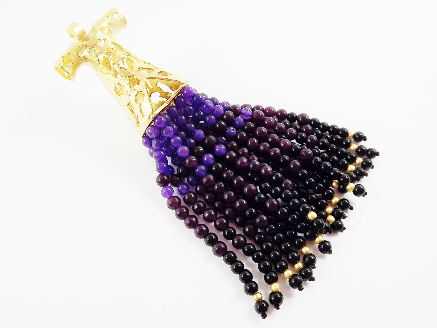 Large Purple Deep Mauve Black Turkish Caftan Tassel Pendant - Jade Stone - 22k Matte Gold Plated - 1PC
