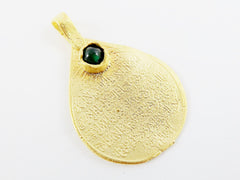 Teardrop Medallion Pendant with Emerald Green Jade Stone Accent - Arabic Calligraphy - 22k Matte Gold Plated - 1pc