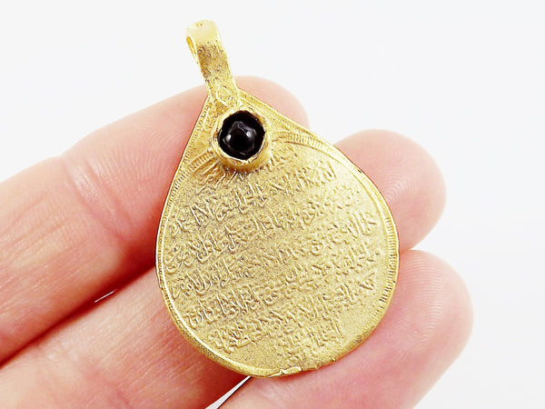 Teardrop Medallion Pendant with Black Onyx Stone Accent - Arabic Calligraphy - 22k Matte Gold Plated - 1pc
