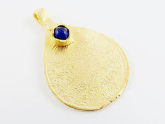 Teardrop Medallion Pendant with Blue Jade Stone Accent, Arabic Calligraphy, Gold Medallion, Gold Teardrop, 22k Matte Gold Plated - 1pc