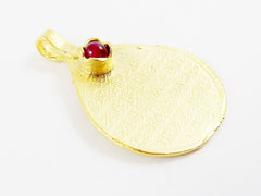 Teardrop Medallion Pendant with Red Jade Stone Accent - Arabic Calligraphy - 22k Matte Gold Plated - 1pc