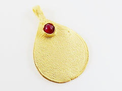 Teardrop Medallion Pendant with Red Jade Stone Accent - Arabic Calligraphy - 22k Matte Gold Plated - 1pc