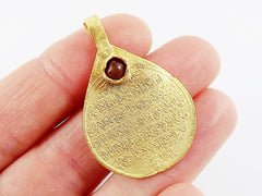 Teardrop Medallion Pendant Brown Jade Stone Accent, Arabic Calligraphy, Ethnic, Jewelry Supplies, Gold Pendant - 22k Matte Gold Plated - 1pc