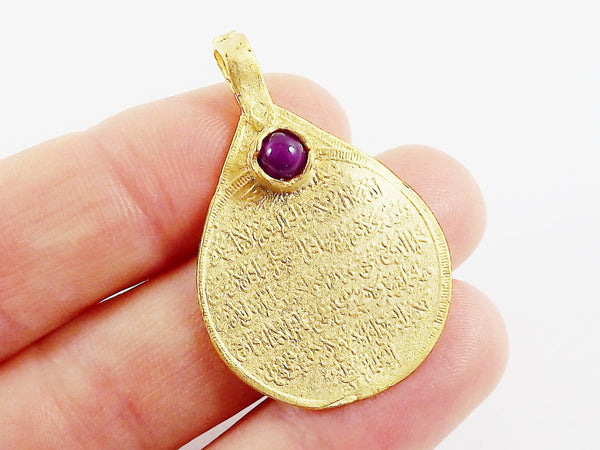 Teardrop Medallion Pendant with Purple Jade Stone Accent - Arabic Calligraphy - 22k Matte Gold Plated - 1pc