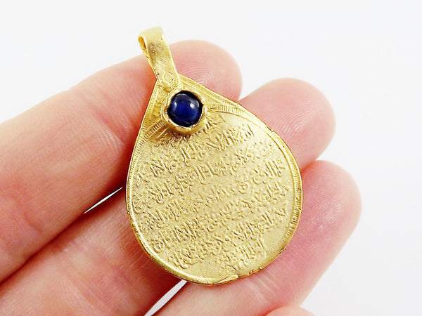 Teardrop Medallion Pendant with Blue Jade Stone Accent, Arabic Calligraphy, Gold Medallion, Gold Teardrop, 22k Matte Gold Plated - 1pc