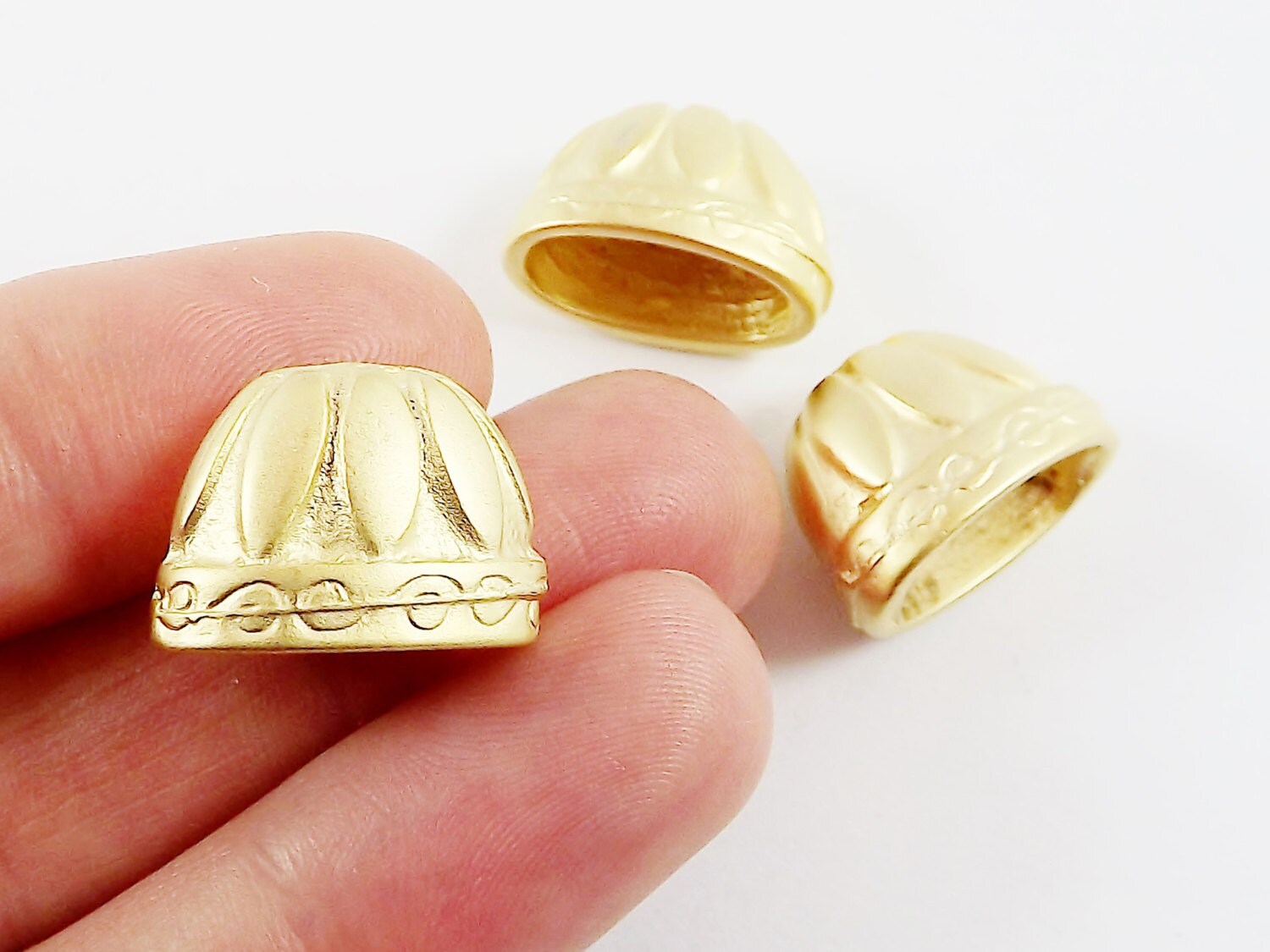 3 Large Rustic Cast Flat Cone Bead End Caps - 22k Matte Gold Plated Round  Bead caps