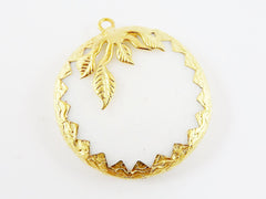 36mm White Jade Faceted Stone Pendant with Leaf Detail - 22k Matte Gold Plated 1pc