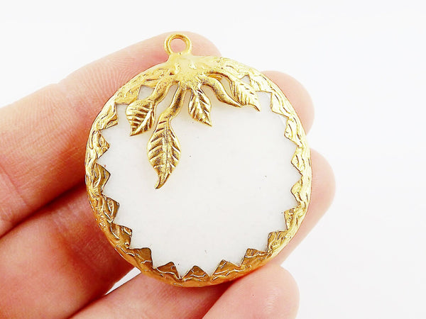 36mm White Jade Faceted Stone Pendant with Leaf Detail - 22k Matte Gold Plated 1pc