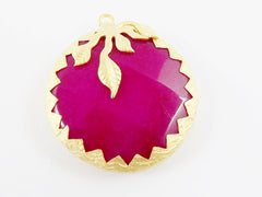 36mm Violet Pink Jade Faceted Stone Pendant with Leaf Detail - 22k Matte Gold Plated 1pc
