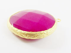 36mm Violet Pink Jade Faceted Stone Pendant with Leaf Detail - 22k Matte Gold Plated 1pc