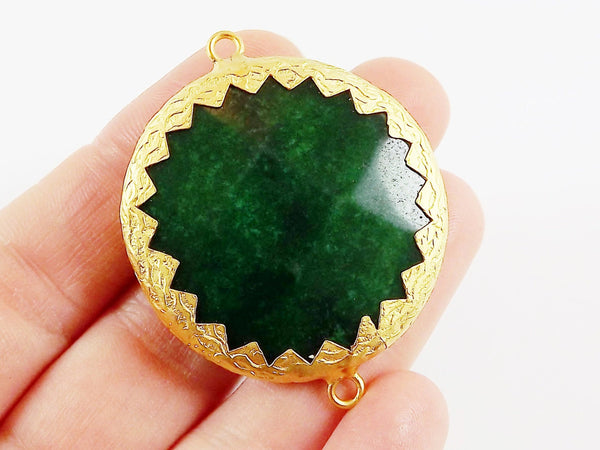 36mm Deep Green Faceted Jade Connector Pendant - 22k Matte Gold Plated 1pc