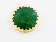 36mm Deep Green Faceted Jade Pendant - 22k Matte Gold Plated 1pc