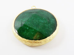 36mm Deep Green Faceted Jade Pendant - 22k Matte Gold Plated 1pc