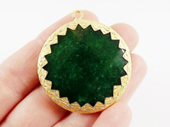 36mm Deep Green Faceted Jade Pendant - 22k Matte Gold Plated 1pc