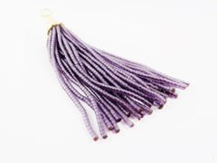 Transparent Purple Afghan Tibetan Heishi Tube Beaded Tassel - Handmade - Textured 22k Matte Gold Plated Cap - 92mm = 3.62inches  -1PC