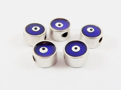 5 Small 6mm Navy Blue Lucky Evil Eye - Matte Antique Silver Plated