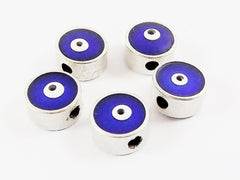 5 Medium 7mm Navy Blue Lucky Evil Eye - Matte Antique Silver Plated