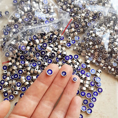 5 Small 6mm Navy Blue Lucky Evil Eye - Matte Antique Silver Plated