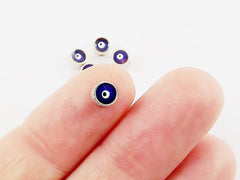 5 Mini 5mm Navy Blue Lucky Evil Eye - Matte Antique Silver Plated