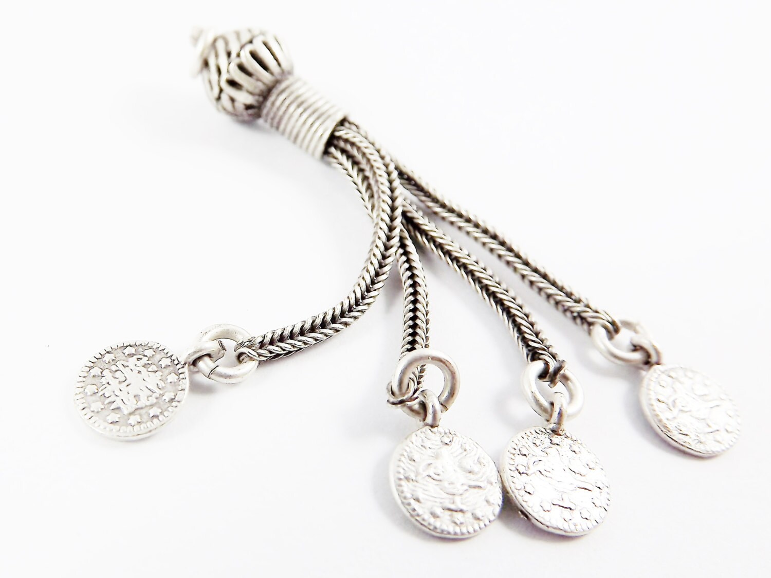 Tassel Pendant with Snake Chain Strands & Coin Charms - Matte Antique Silver Plated Brass - 1PC