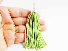 Pistachio Green Afghan Tibetan Heishi Tube Beaded Tassel - Handmade - Textured Shiny Silver Plated Cap - 92mm = 3.62inches  -1PC