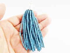 Deep Turquoise Matrix Afghan Tibetan Heishi Tube Beaded Tassel - Handmade - Textured Shiny Silver Plated Cap - 92mm = 3.62inches  -1PC