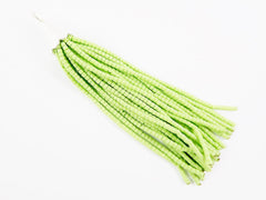 Pistachio Green Afghan Tibetan Heishi Tube Beaded Tassel - Handmade - Textured Shiny Silver Plated Cap - 92mm = 3.62inches  -1PC