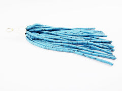 Deep Turquoise Matrix Afghan Tibetan Heishi Tube Beaded Tassel - Handmade - Textured Shiny Silver Plated Cap - 92mm = 3.62inches  -1PC