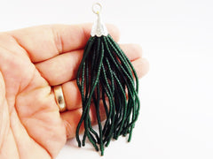 Deep Transparent Green Afghan Tibetan Heishi Tube Beaded Tassel - Handmade - Textured Shiny Silver Plated Cap - 92mm = 3.62inches  -1PC