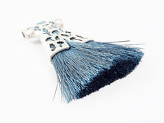 Peacock Blue Silk Thread Turkish Caftan Tassel Pendant - Matte Antique Silver Plated - 1PC