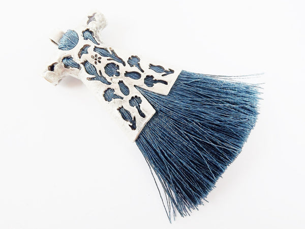Peacock Blue Silk Thread Turkish Caftan Tassel Pendant - Matte Antique Silver Plated - 1PC